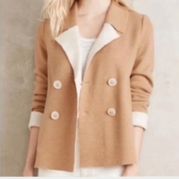 Anthropologie HWR Monogram Wool Blend Camel Double Breasted  Coat  Small - Picture 3 of 14